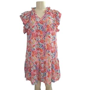 Double Take Floral Ruffle Sleeve Shift Dress Size L Pink Boho